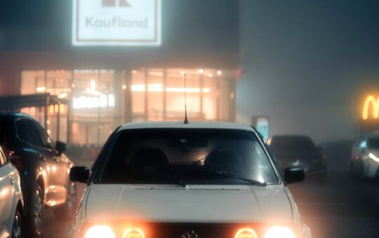 nighttime scene with car in foggy parking lot