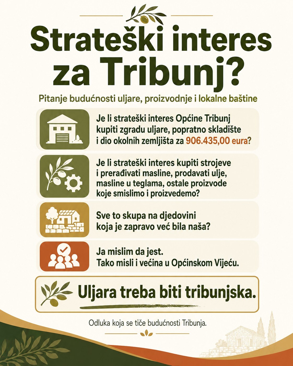 Naslovni slajd Grubelićeve objave: Strateški interes za Tribunj? Uljara treba biti tribunjska.