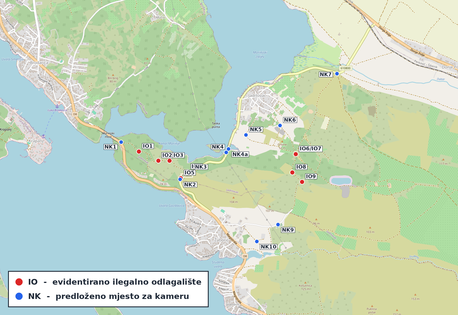 Karta s evidentiranim ilegalnim odlagalištima (crveno) i predloženim lokacijama za nadzorne kamere (plavo) na području Jadrtovca i Žaborića