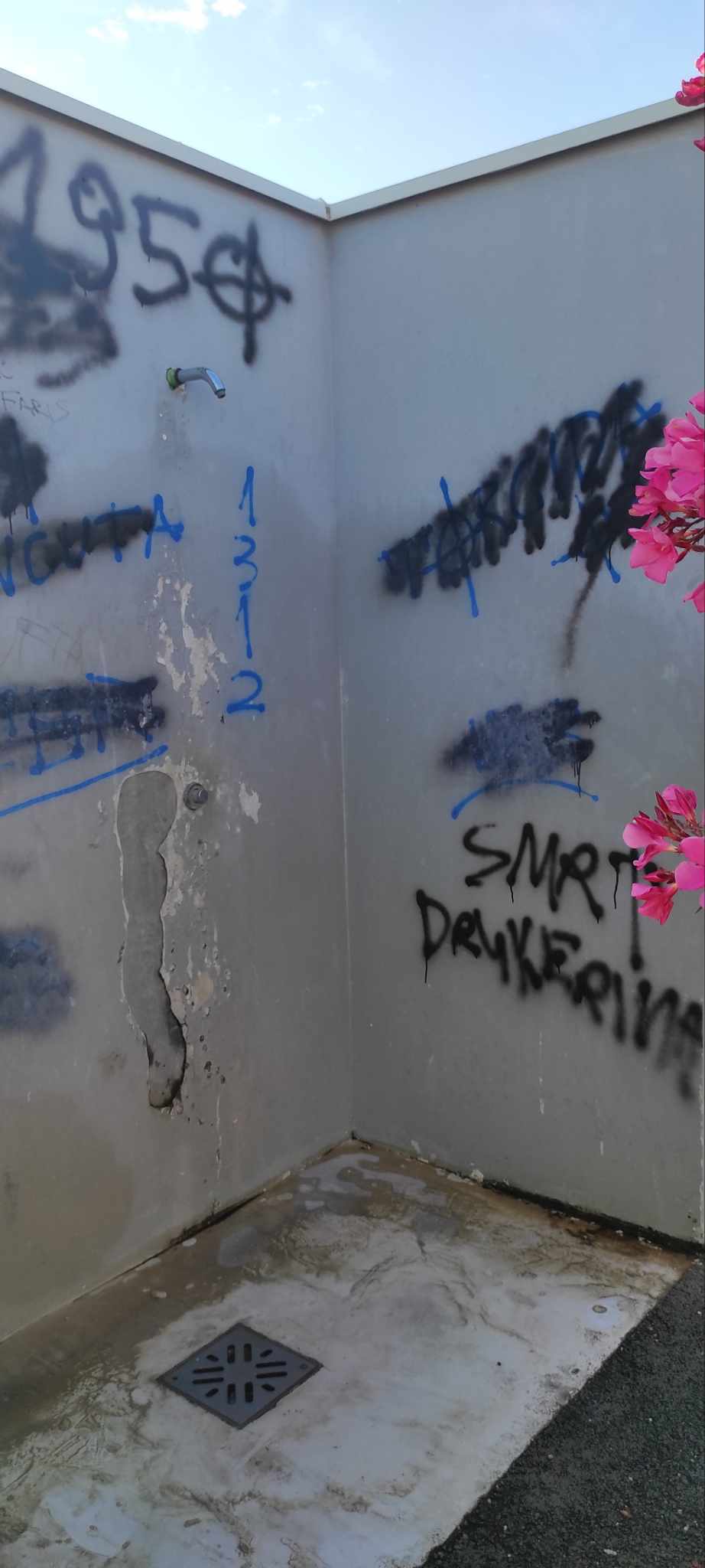 Kut vanjskog tuša s grafitima i psovkama po zidovima i slivnikom na podu