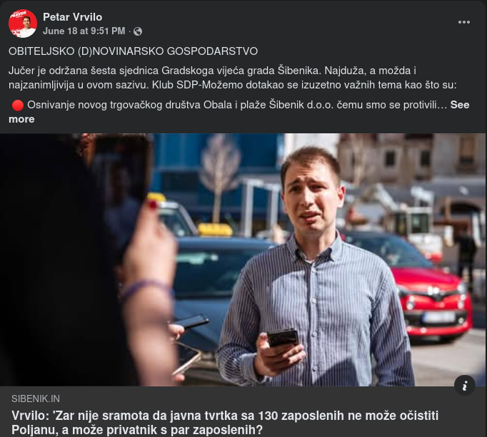 Facebook objava Petra Vrvila s 18. lipnja u kojoj kritizira Šibenik News, a ispod dijeli članak portala Šibenik IN o svom istupu