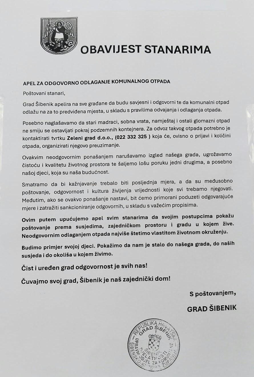 Obavijest stanarima Grada Šibenika, apel za odgovorno odlaganje komunalnog otpada