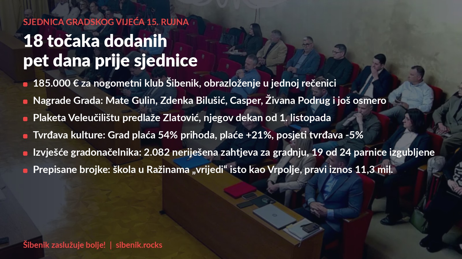 Kartica s popisom ključnih stavki iz 18 dopuna dnevnog reda, u pozadini vijećnici u klupama vijećnice