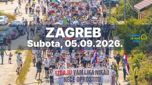 Najava prosvjeda u Zagrebu 5. rujna 2026., fotografija prosvjedne kolone s transparentom Izdaju vam Lika nikad neće oprostiti