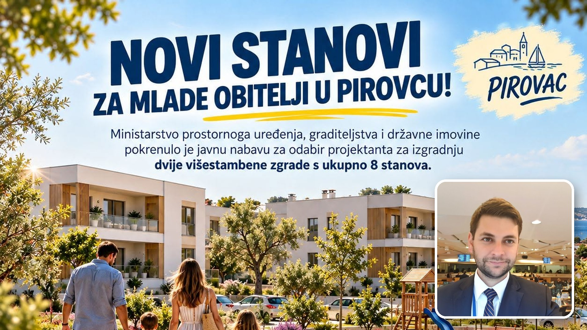 Grafika iz Facebook objave načelnika Pirovca o novim stanovima za mlade obitelji, s umetnutim portretom Ivana Gulama