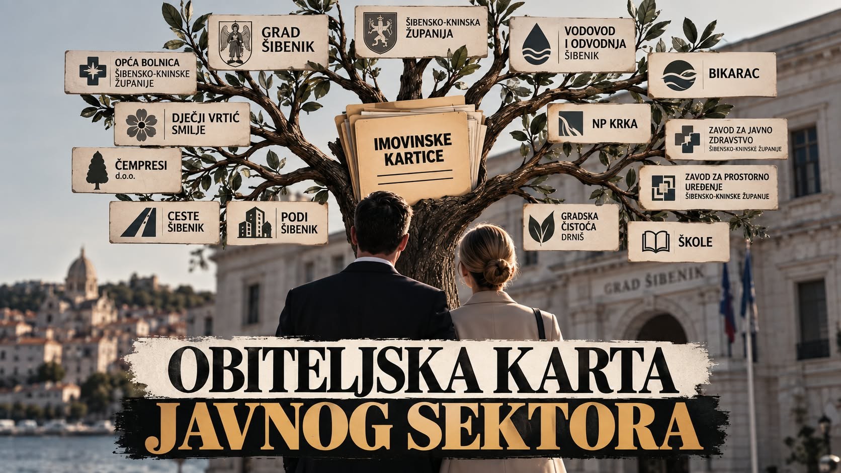 Obiteljska karta javnog sektora: stablo s natpisima gradskih i županijskih institucija iznad para koji stoji ispred zgrade Grada Šibenika