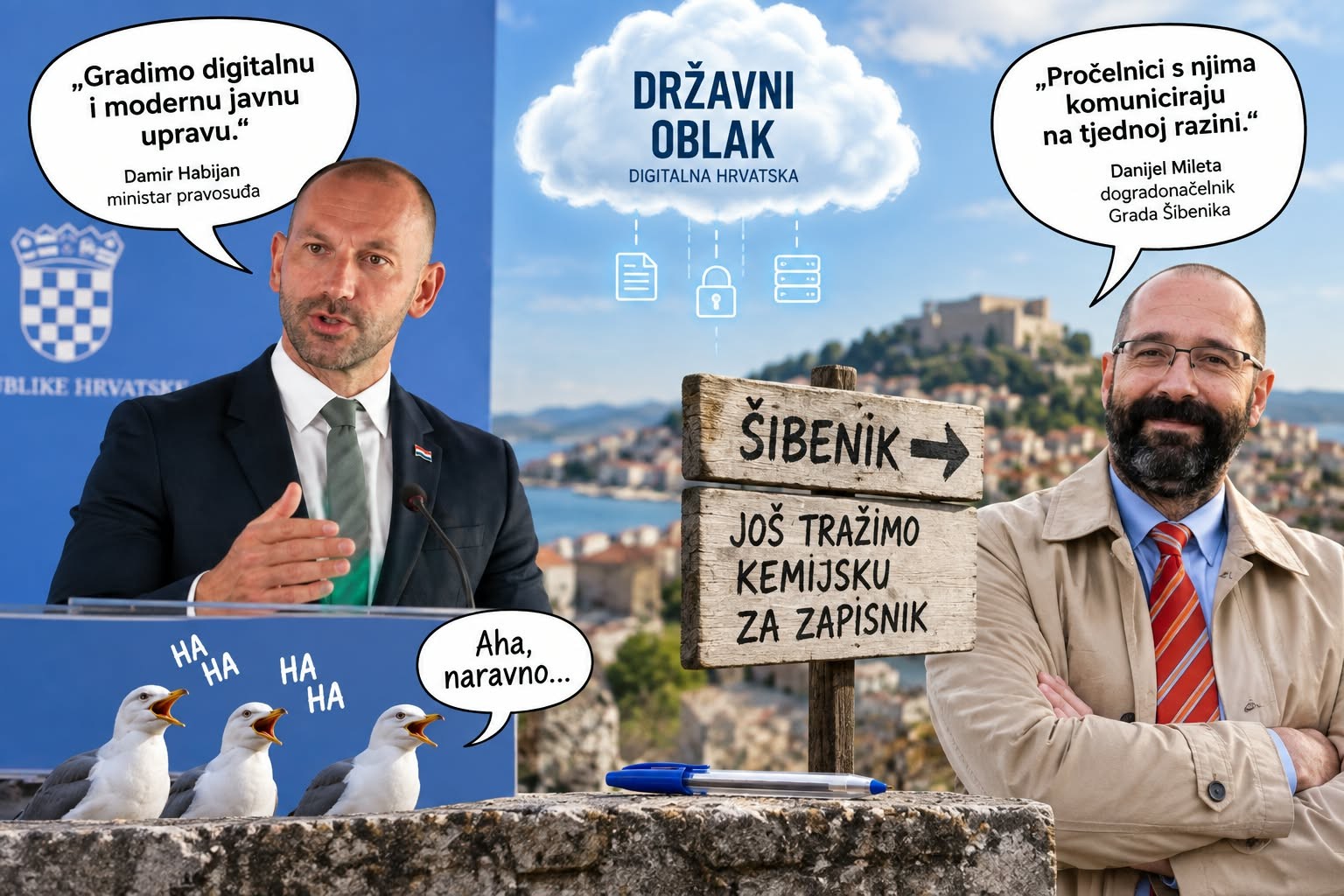 Fotomontaža: Damir Habijan za govornicom, Danijel Mileta ispred Šibenika, između njih Državni oblak i putokaz 'Još tražimo kemijsku za zapisnik'