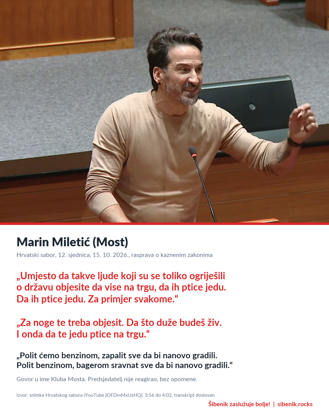 Marin Miletić za saborskom govornicom i doslovni citati o vješanju