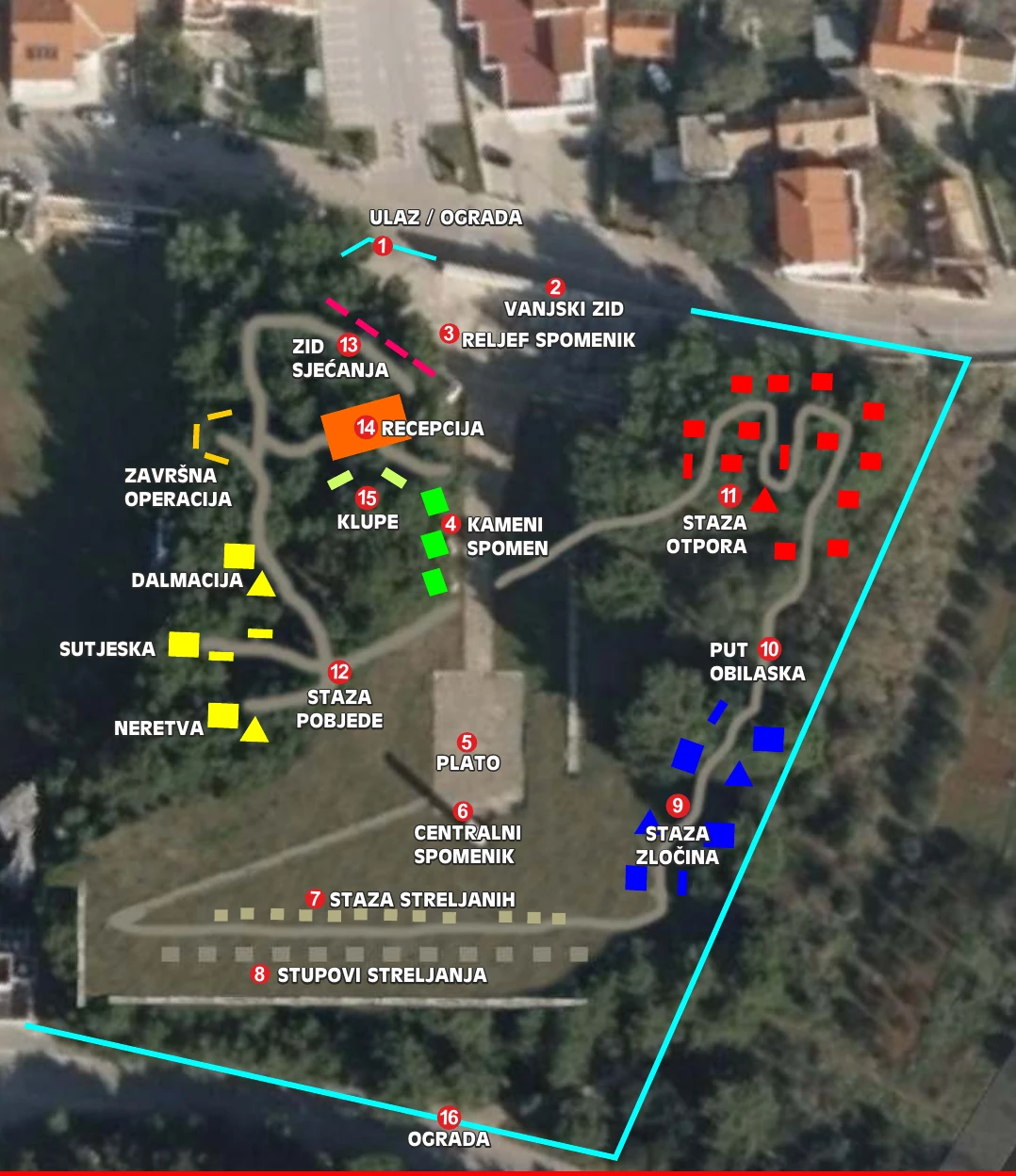 Karta parka iz projektne dokumentacije sa 16 označenih cjelina na satelitskoj snimci