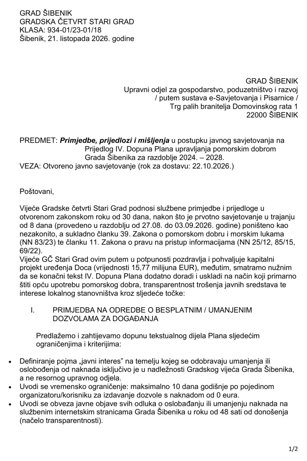 Prva stranica dopisa Vijeća GČ Stari Grad s primjedbama na IV. dopune Plana upravljanja pomorskim dobrom