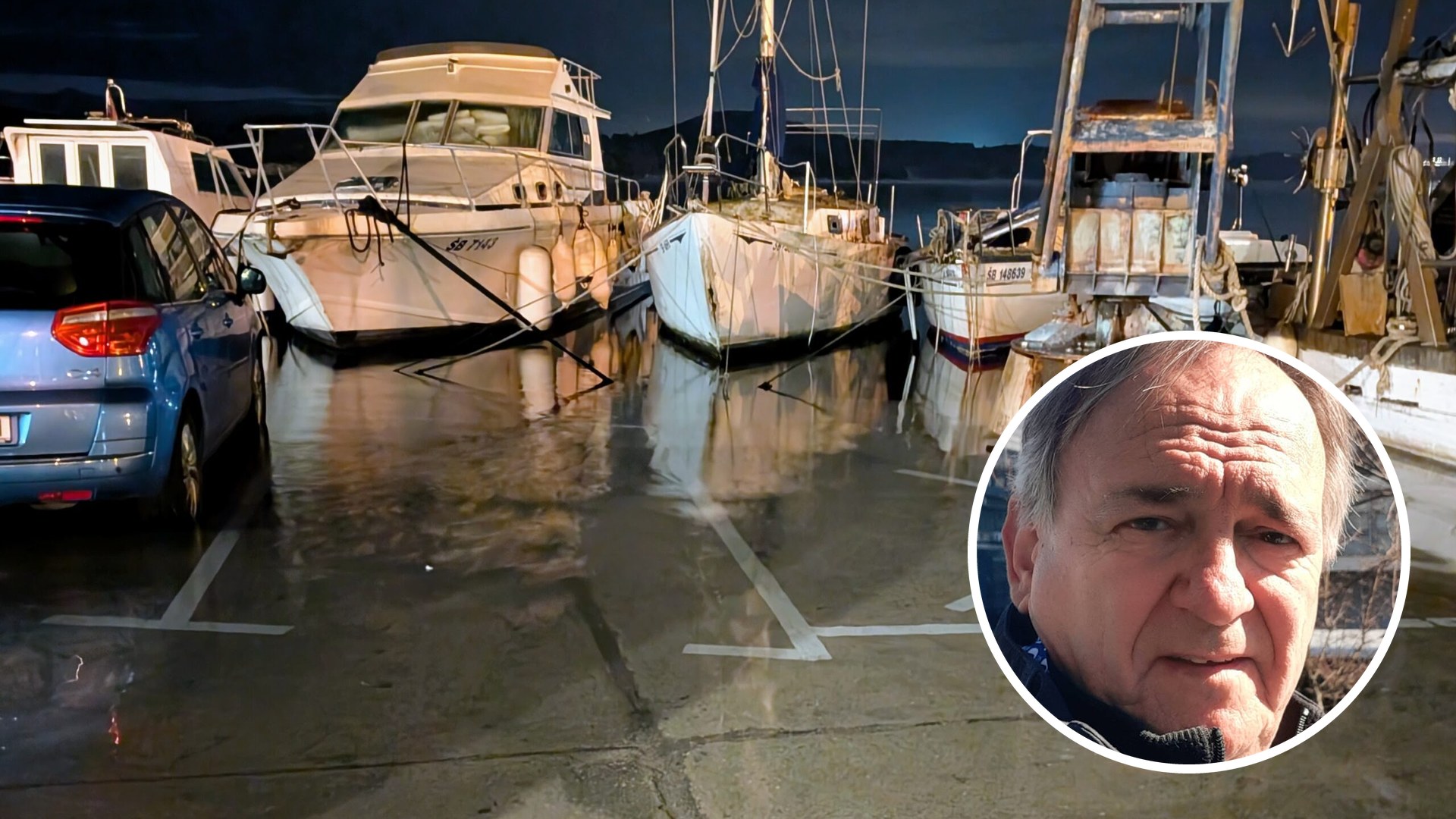 Poplavljeni parking na Docu s brodicama, u krugu portret Davora Živkovića