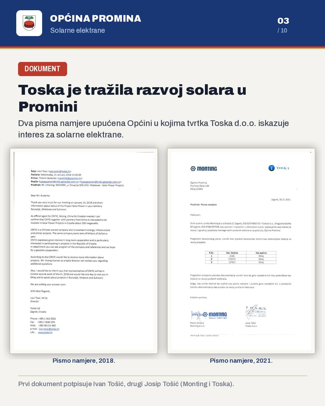 Kartica iz priopćenja Općine Promina s dva pisma namjere tvrtke Toska iz 2018. i 2021. godine