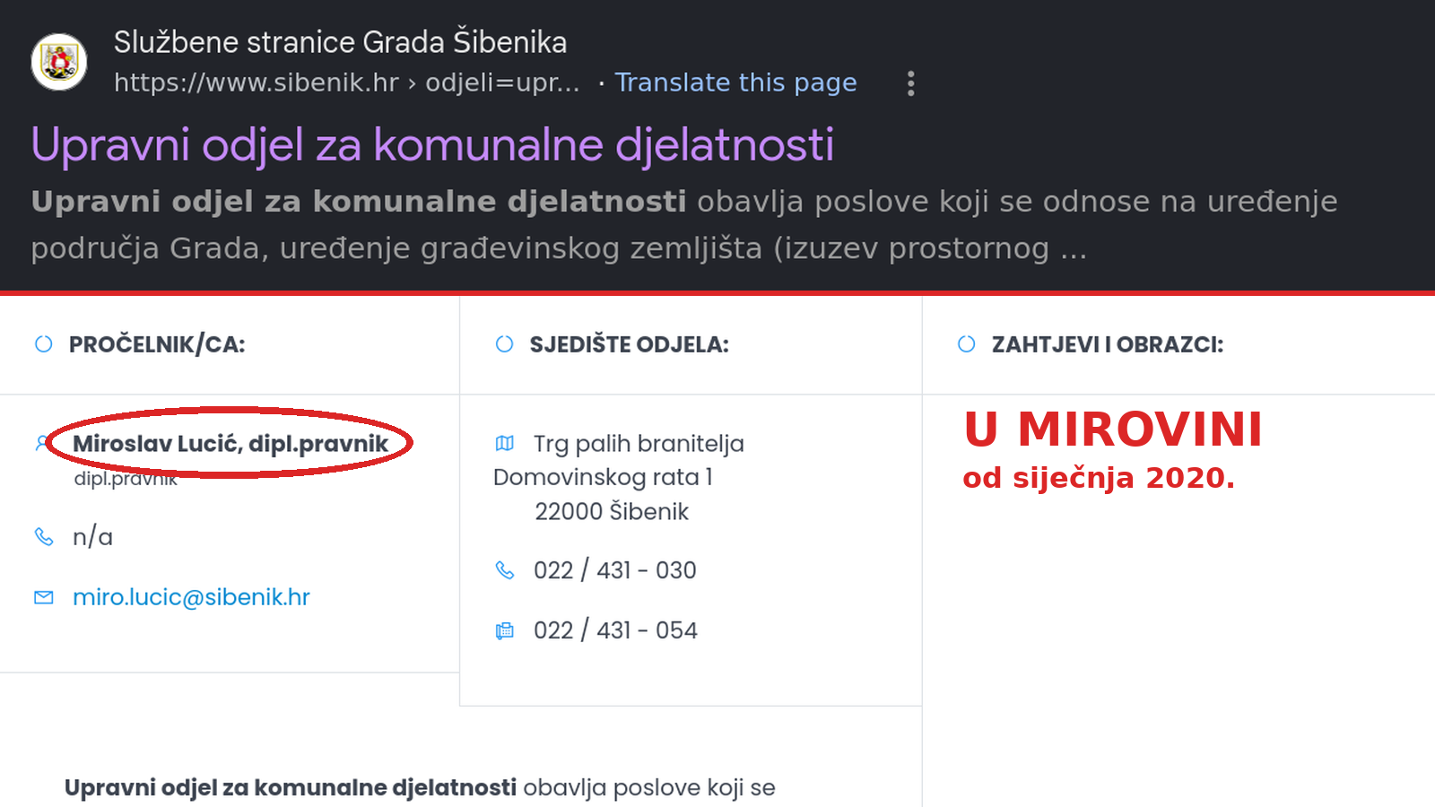 Drugi Google rezultat za upravni odjel za komunalne djelatnosti i kutija pročelnika na sibenik.hr sa zaokruženim imenom Miroslav Lucić i natpisom u mirovini od siječnja 2020.