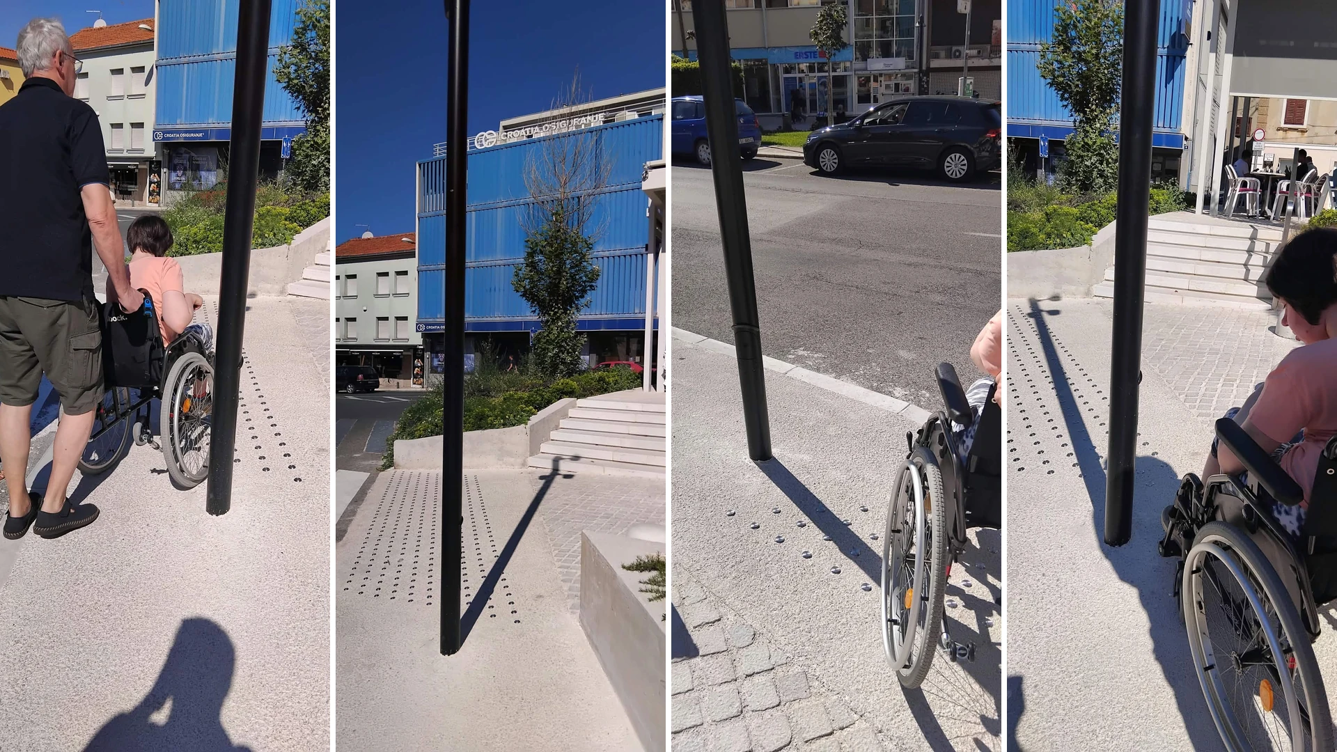 Vanjski: stup usred taktilne staze, kolica se moraju provlačiti uz rub