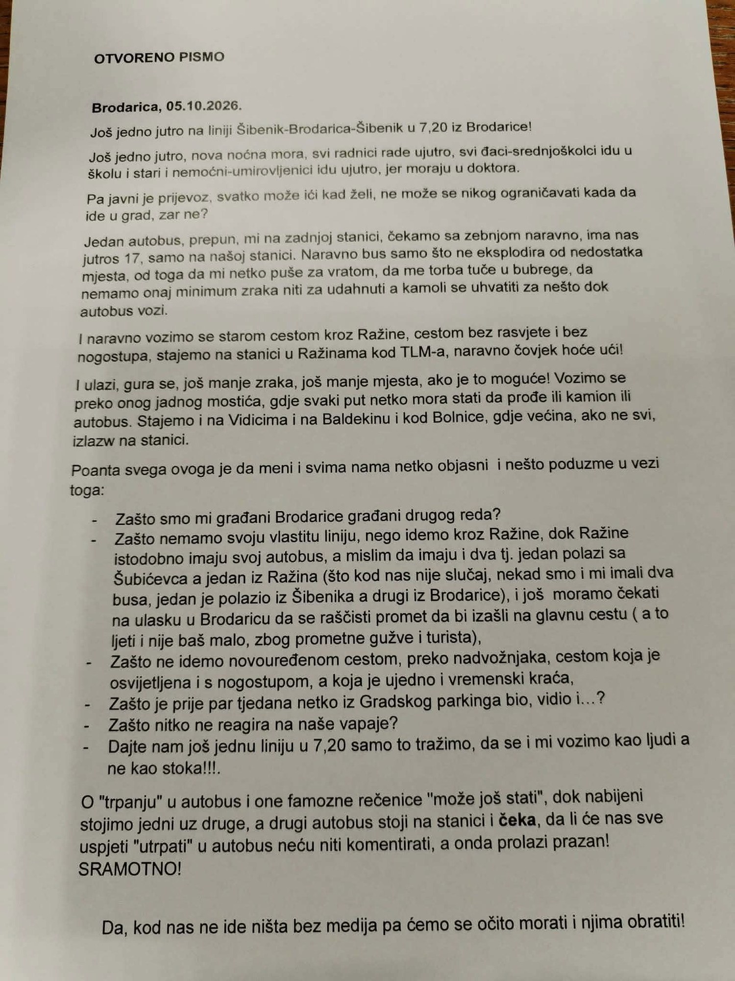Prva stranica otvorenog pisma putnika Brodarice od 5. listopada 2026.