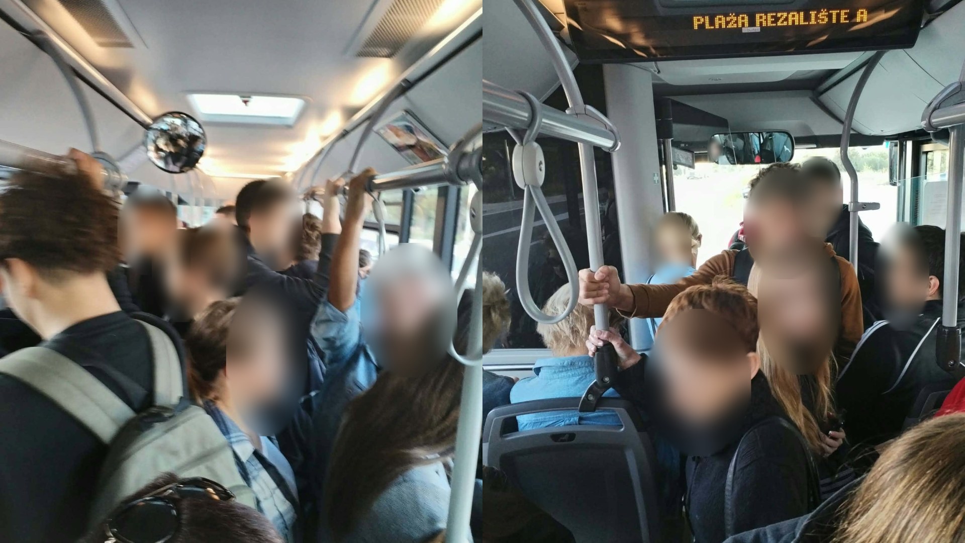 Dvije fotografije iz prepunog autobusa, putnici stoje u prolazu, na displeju piše Plaža Rezalište A